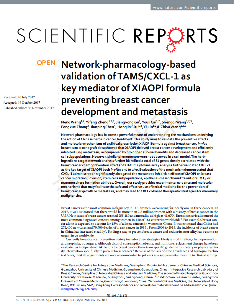 Scientific Reports (IF: 4.122) 刊登本中心研究文章Network-pharmacologybased validation of TAMS/CXCL-1 as key mediator of XIAOPI formula preventing  breast cancer development and metastasis