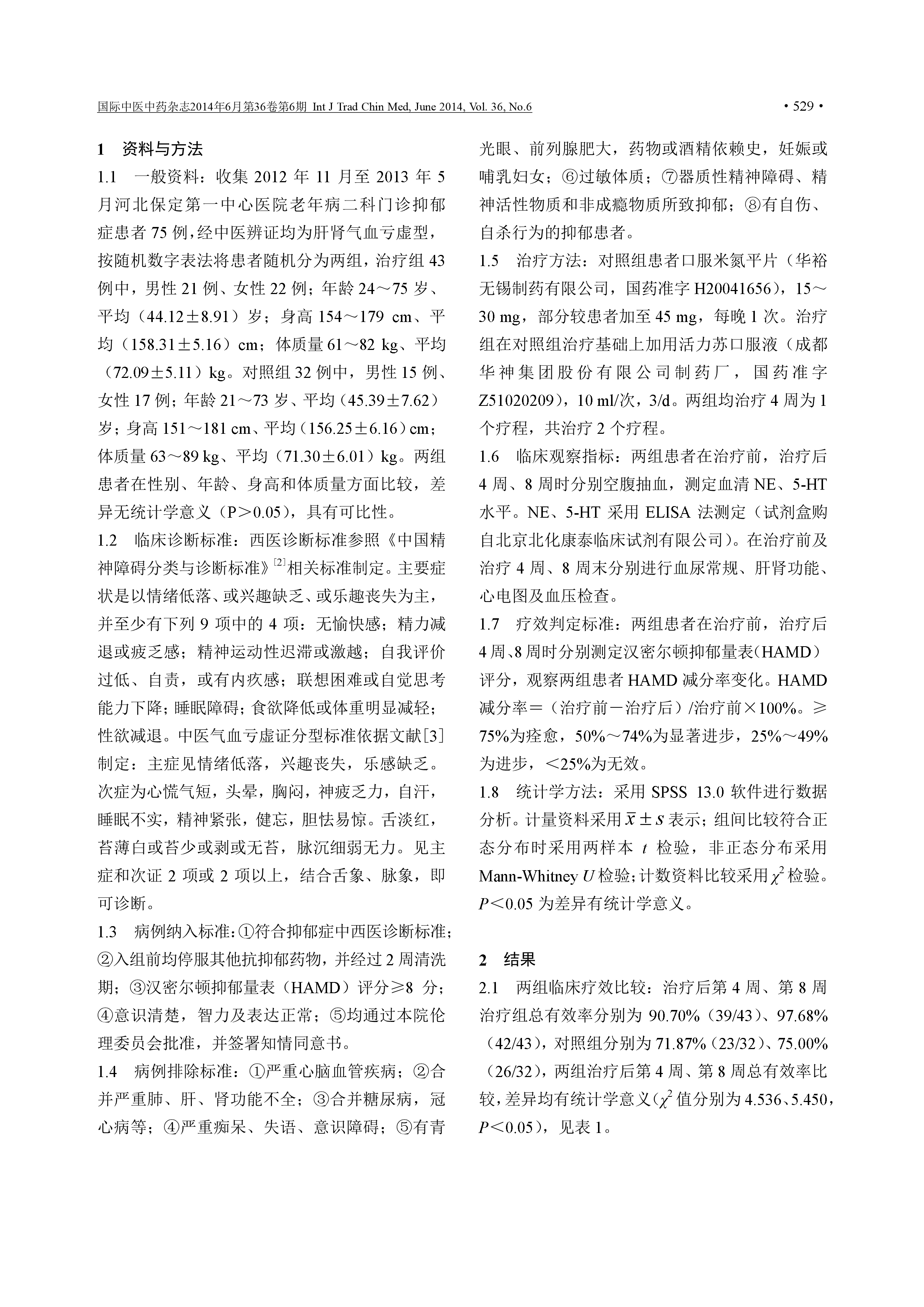 活力苏口服液联合米氮平对气血亏虚型抑郁症患者血清去甲肾上腺素及5-羟色胺的影响