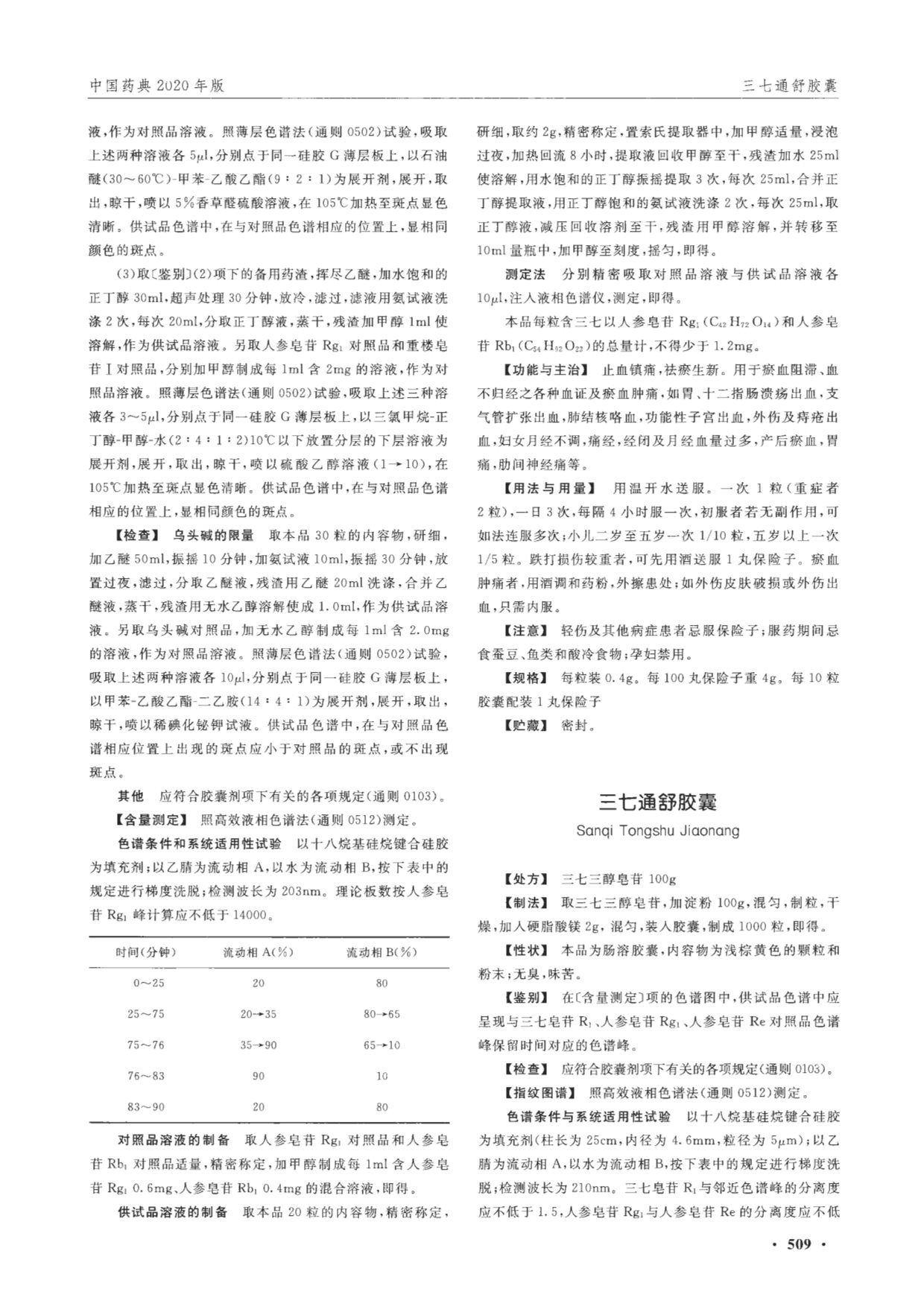 《中国药典》2020年版 第一部-三七通舒胶囊