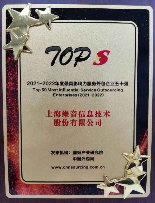 维音连续三年荣膺“年度影响力服务外包企业五十强”