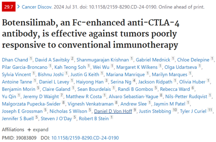 Fc enhanced anti CTLA-4 antibody Botensilimab treats tumors that respond poorly to conventional immunotherapy