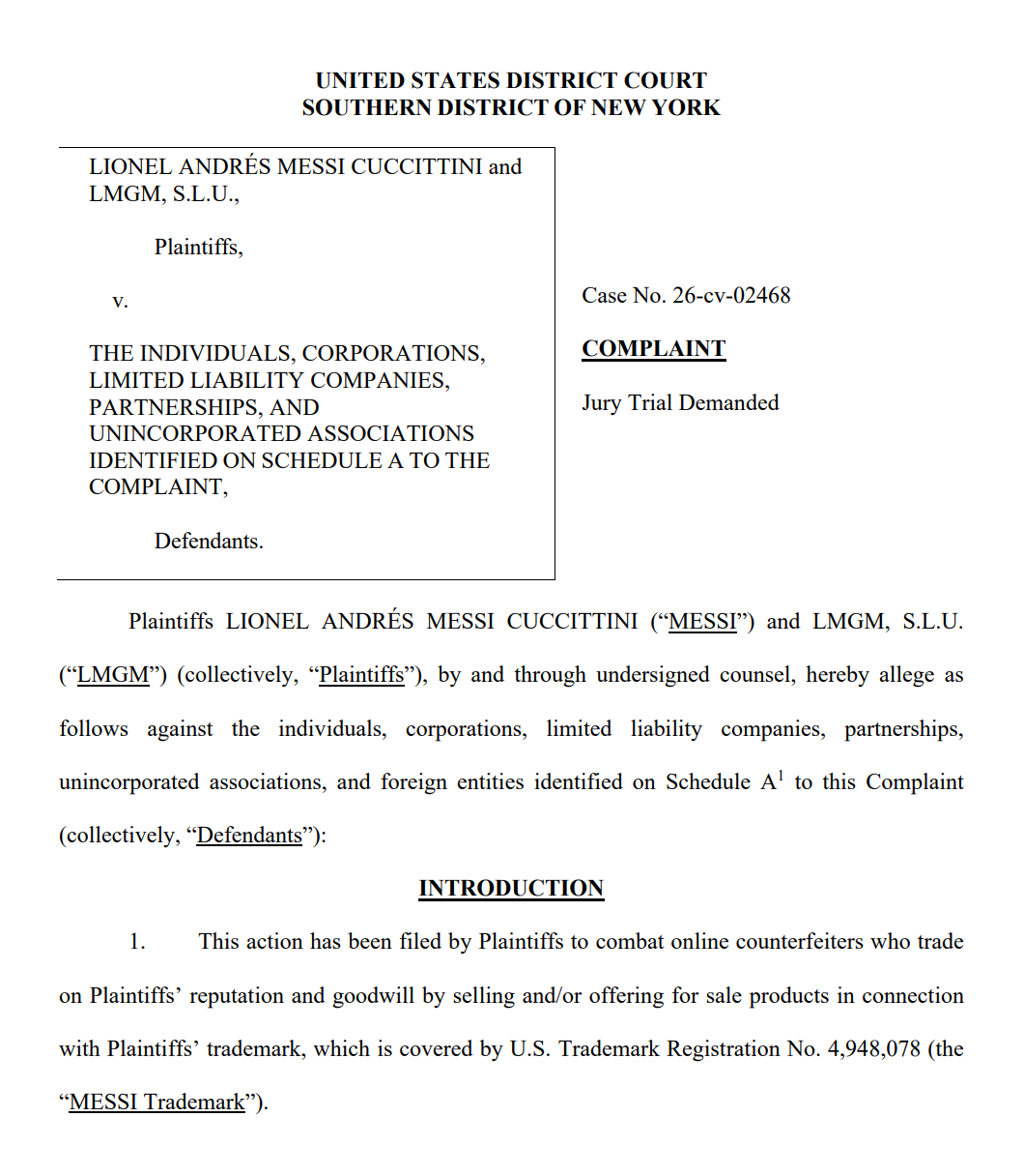 【洛亚·国际】国际足球巨星梅西在美起诉多名中国跨境电商商家商标侵权及不正当竞争(附起诉状) Lionel Messi sues Chinese cross-border e-commerce sellers in USA(Attached: Complaint) 【洛亚·国际】国际足球巨星梅西在美起诉多名中国跨境电商商家商标侵权及不正当竞争(附起诉状) Lionel Messi sues Chinese cross-border e-commerce sellers in USA(Attached: Complaint)