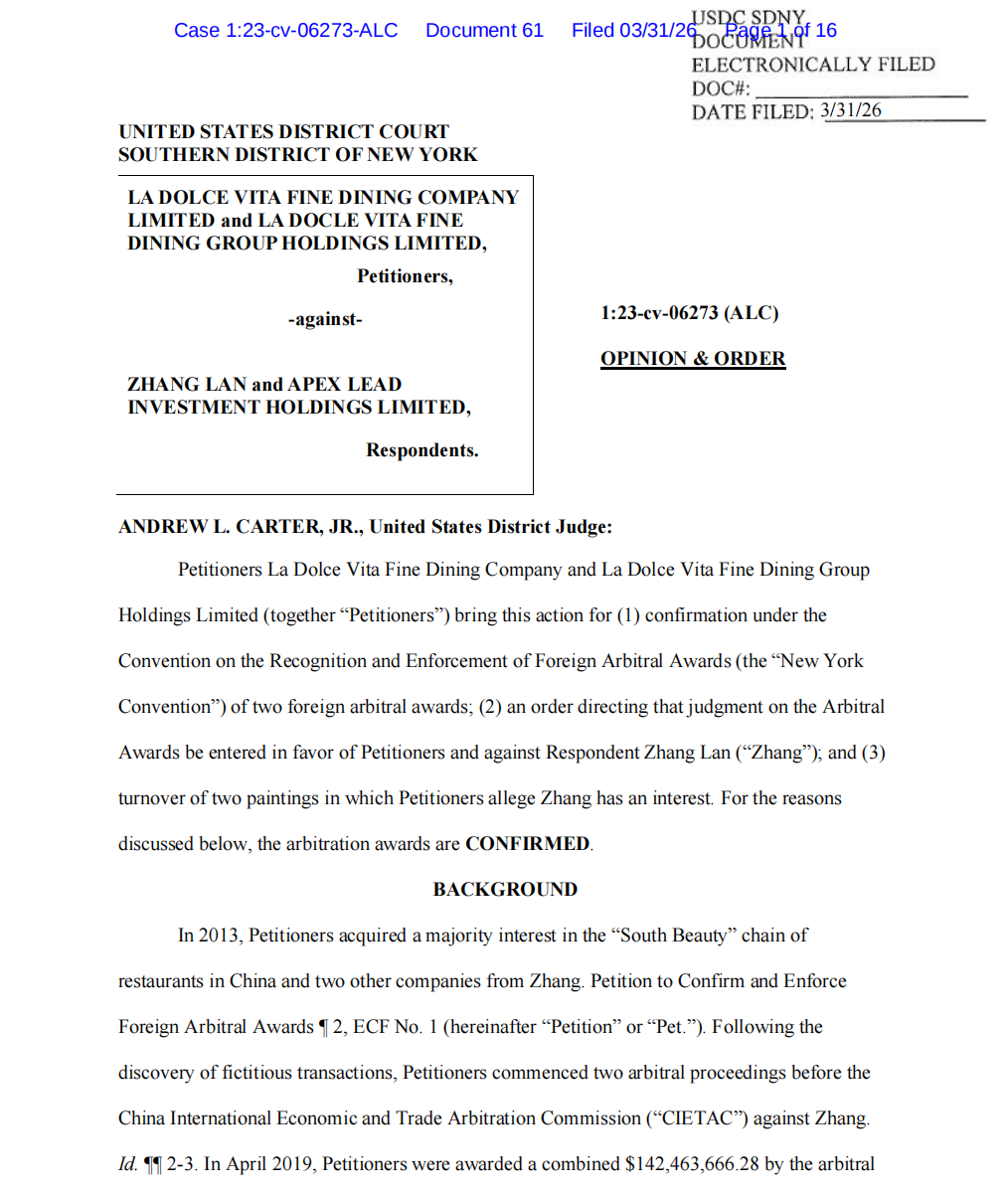 【洛亚·国际】纽约法院2026年终裁：移交张兰两幅名画，认定欺诈性资产转移（附裁定书） 2026 SDNY Final Ruling: Ordering the Turnover of Zhang Lan’s High-Value Paintings and Finding Fraudulent Asset Transfer (Attached: OPINION & ORDER)